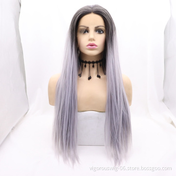 Vigorous ombre purple long straight premium high quality wholesale black women synthetic hair wigs with lace front